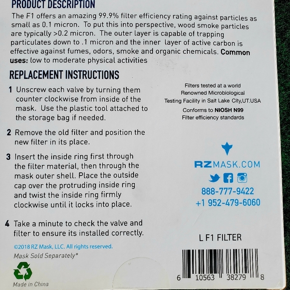 RZ Mask FILTER, F1 Standard + Active Carbon Filters (Medium) 3-pack - Picture 2 of 4